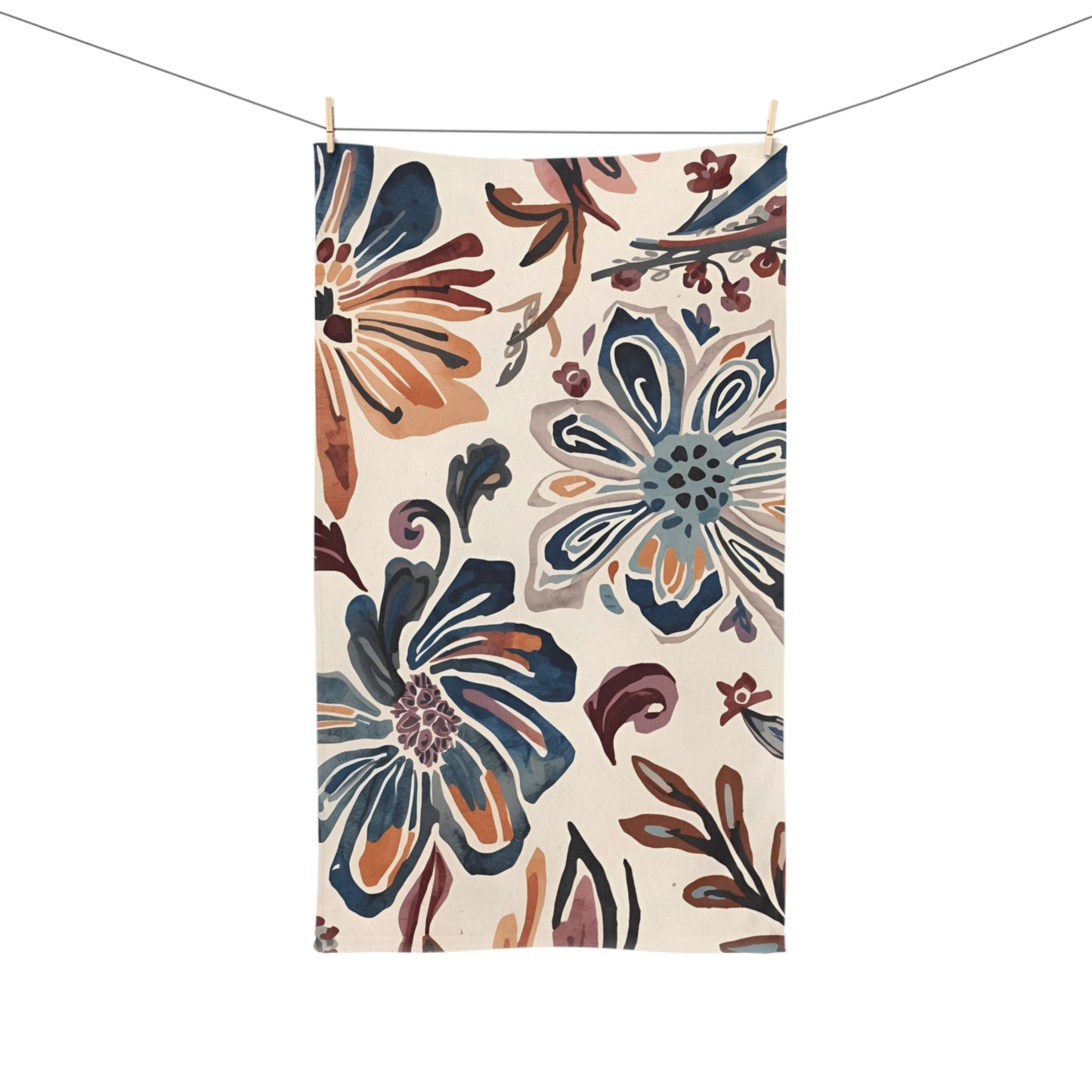 Floral Watercolor Hand Towel — Boho Blue & Terracotta Kitchen or Bath Accent