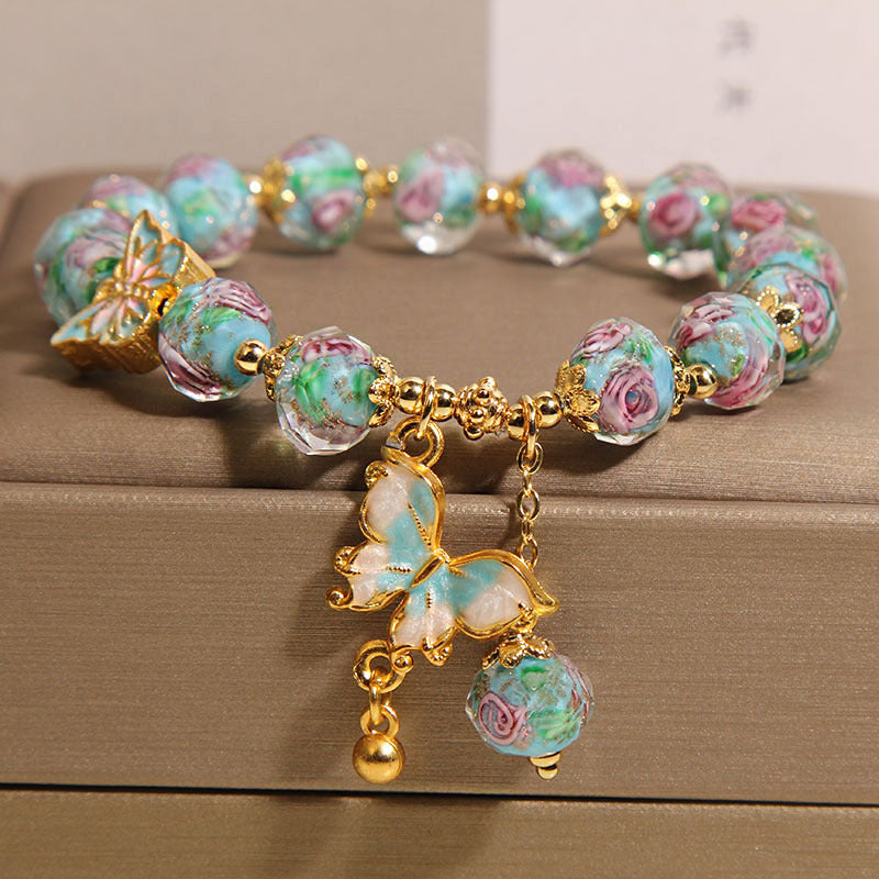 Japanese Korean Rose Garden Bracelet With Flower Glaze Butterflies