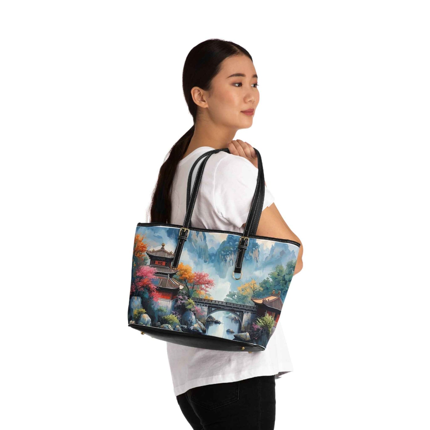 Scenic Asian Landscape PU Leather Shoulder Bag — Autumn Pagoda Bridge Tote