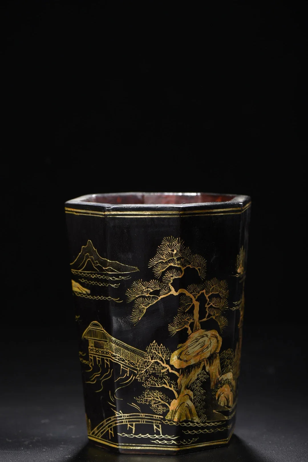 Nepalese Folk Lacquerware Pen Holder – Gold-Outlined Landscape Brush/Pen and Pencil Pot (6")