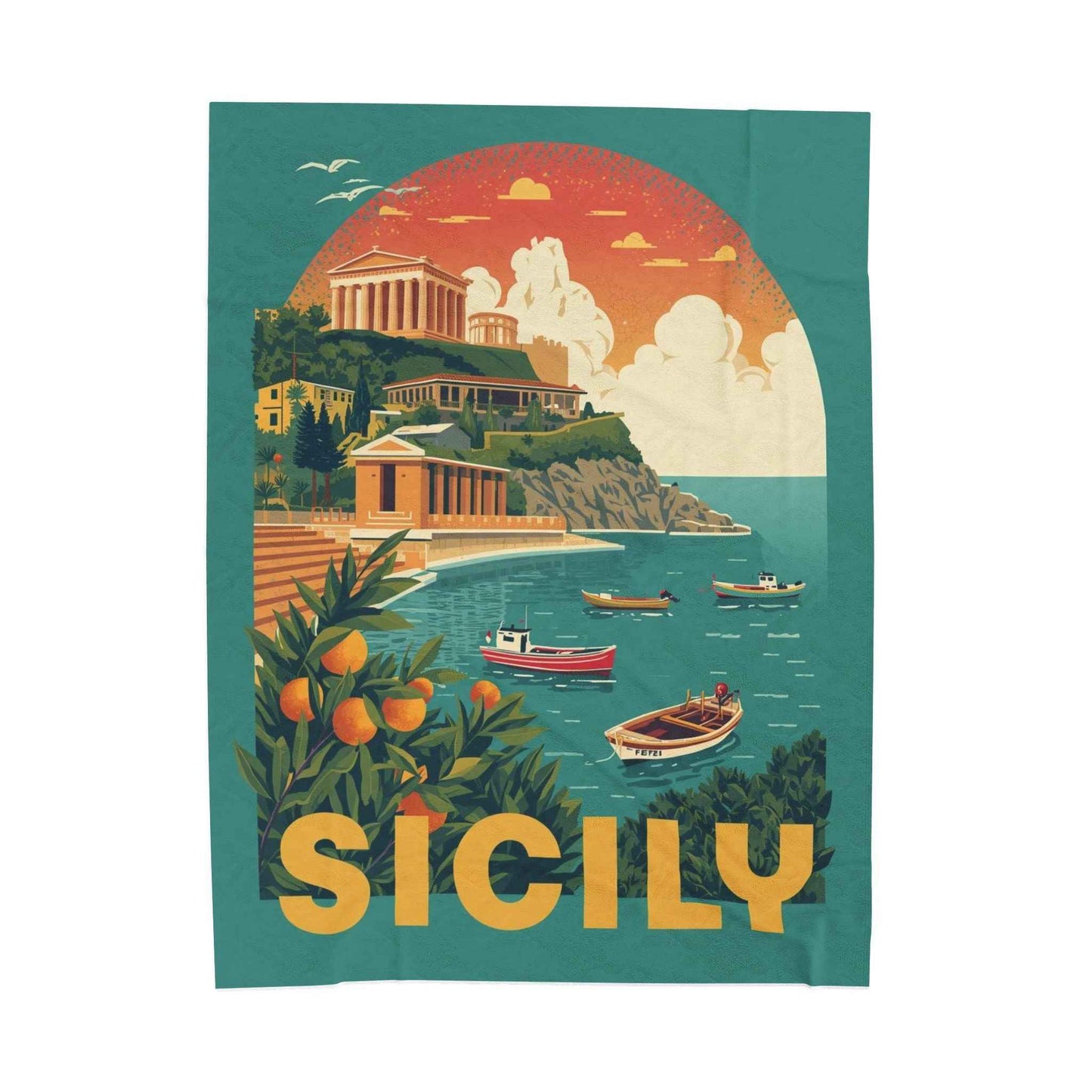 Sicily Scenic Velveteen Plush Blanket – Luxurious Coastal Travel Art