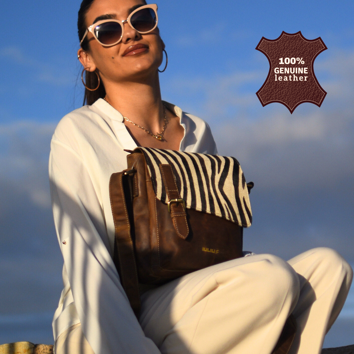 IULIUS Zebra Print Natural Hair Flap Leather Crossbody Bag - Bandolera de Cuero Genuino con Solapa de Pelo Natural Estampado Cebra – IULIUS