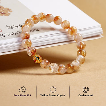 Chinese Style Sterling Silver Bead Bracelet With Crystals Yellow 9mm