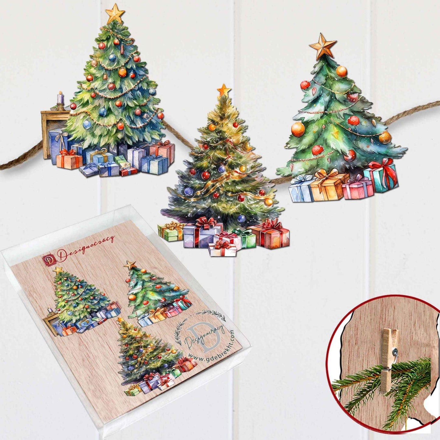 Christmas Tree Clip-On Eco Wood Decorative Ornaments Set of 3 by G. Debrekht - Christmas Decor - 8091044C-S3