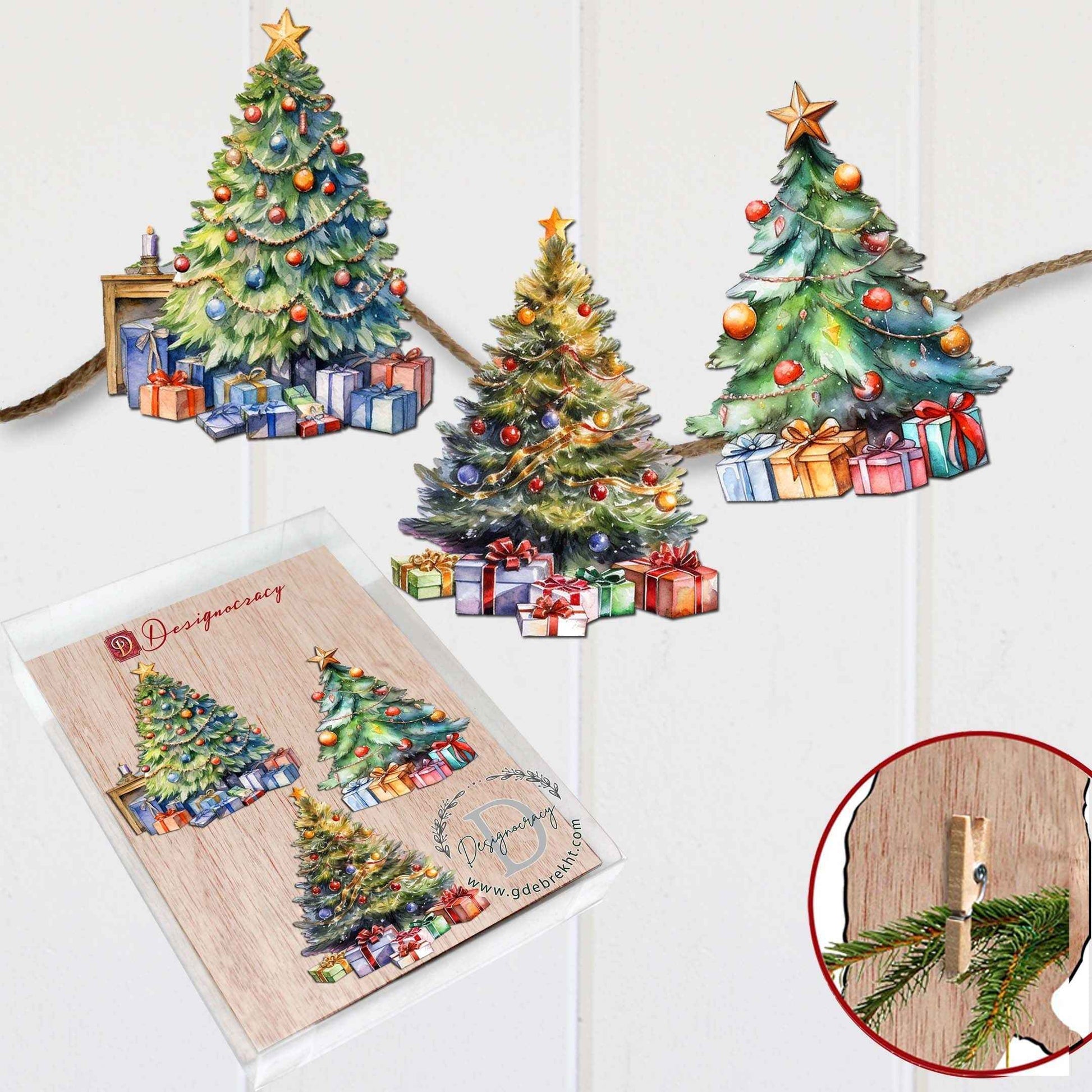 Christmas Tree Clip-On Eco Wood Decorative Ornaments Set of 3 by G. Debrekht - Christmas Decor - 8091044C-S3