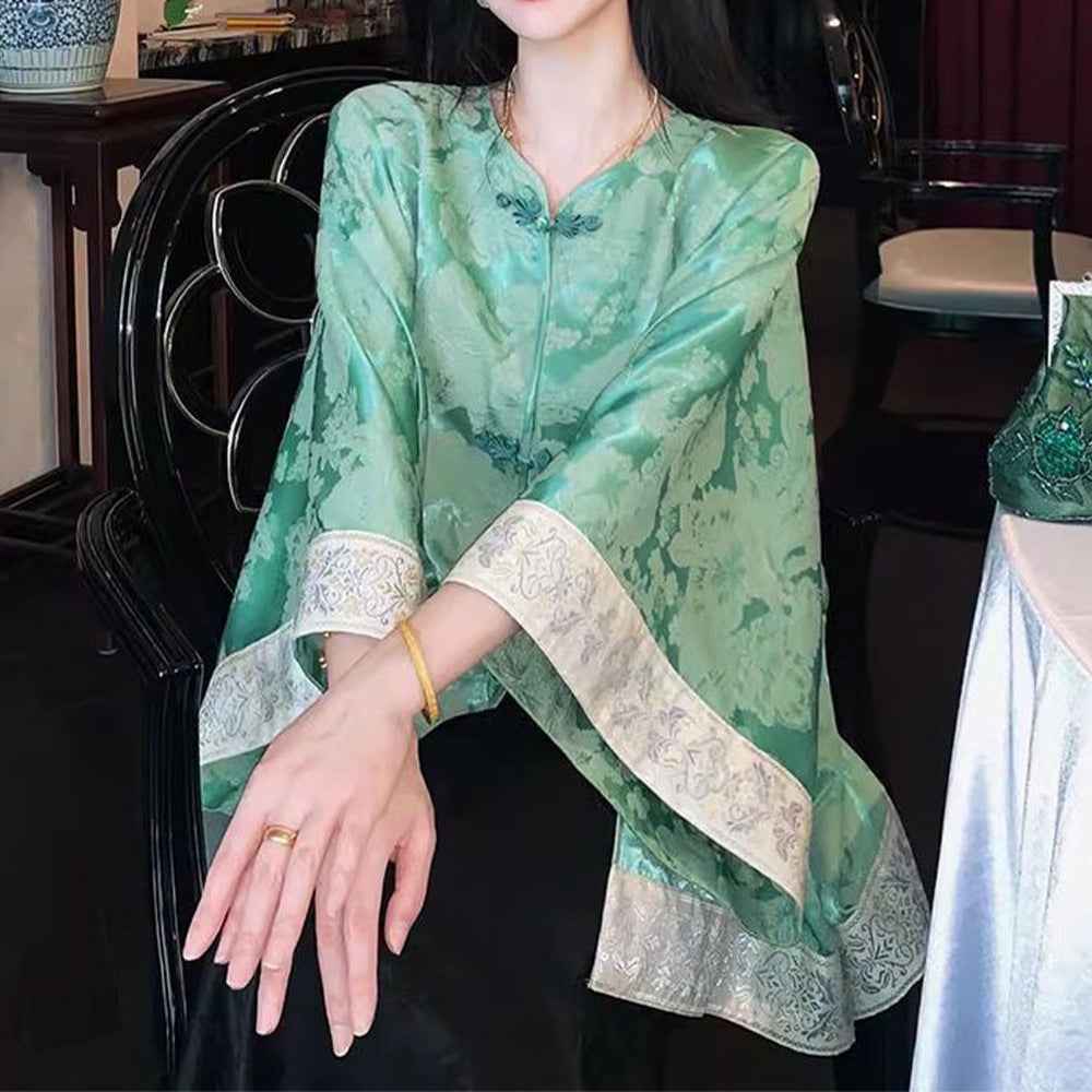 Green Loose Long Sleeve Chinese Style Jacquard Top With Knot Button