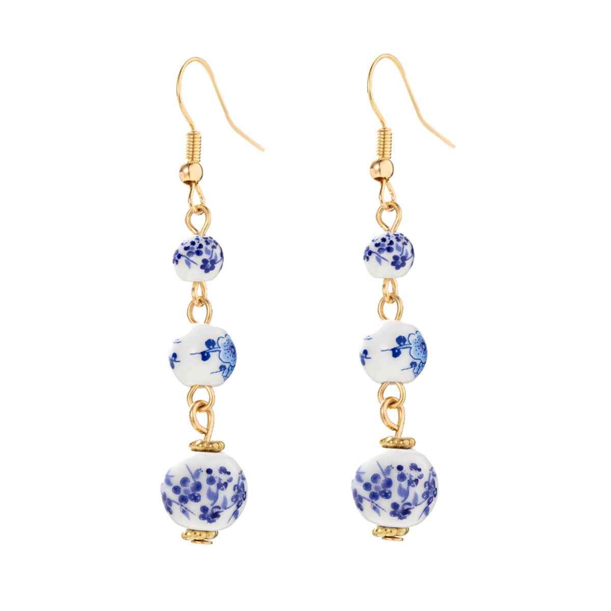 Blue And White Porcelain Ceramic Beads Long Earrings