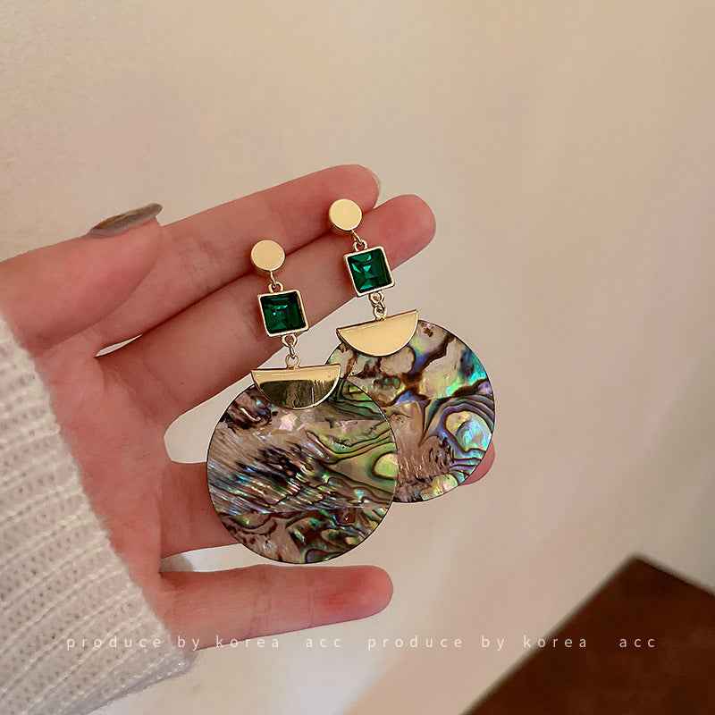 Silver Pin Emerald Shell Hoop Earrings with Diamonds