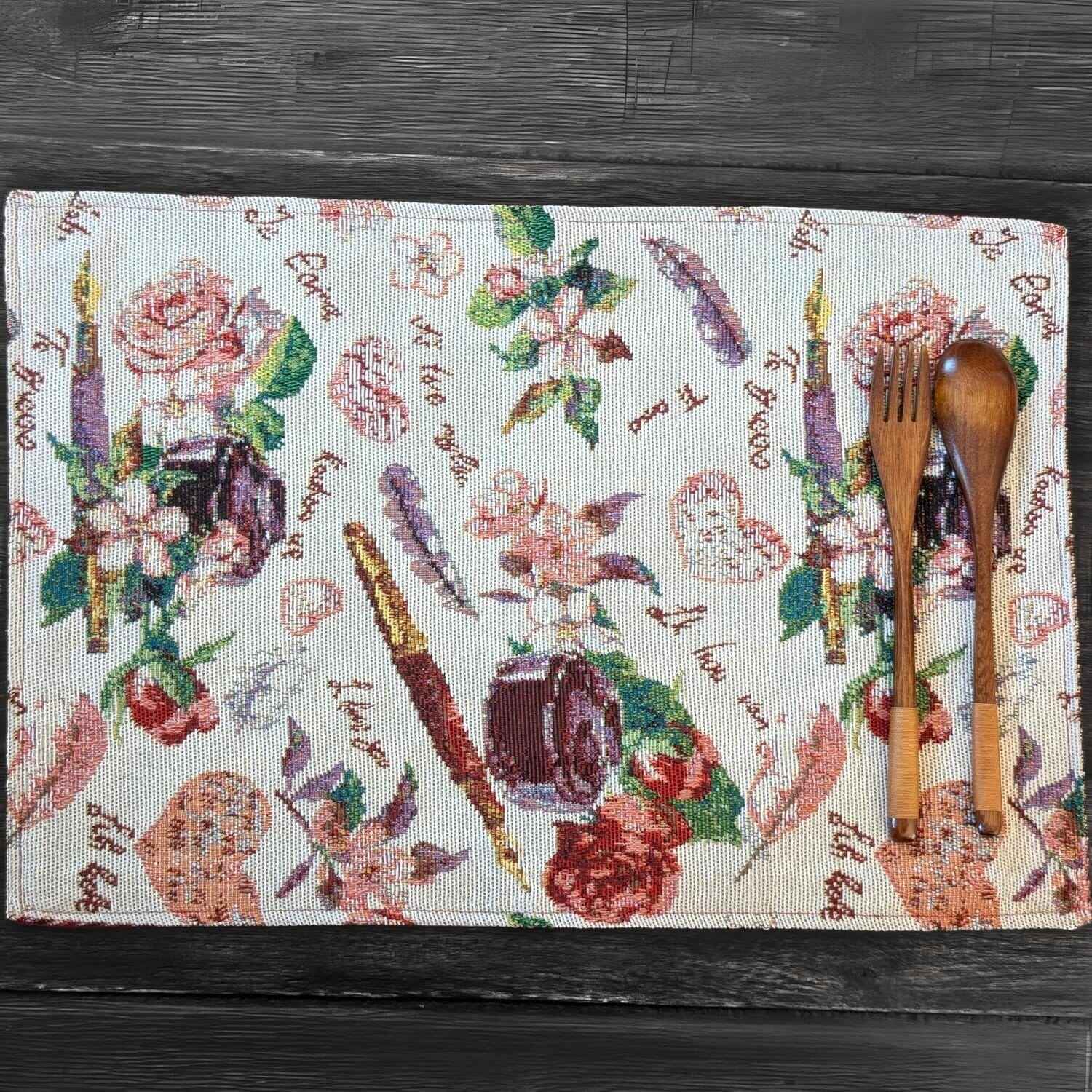 DaDa Bedding Set of 4-Pieces Sweet Love Notes Pink Floral Tapestry Dining Table Placemats 13” x 19”