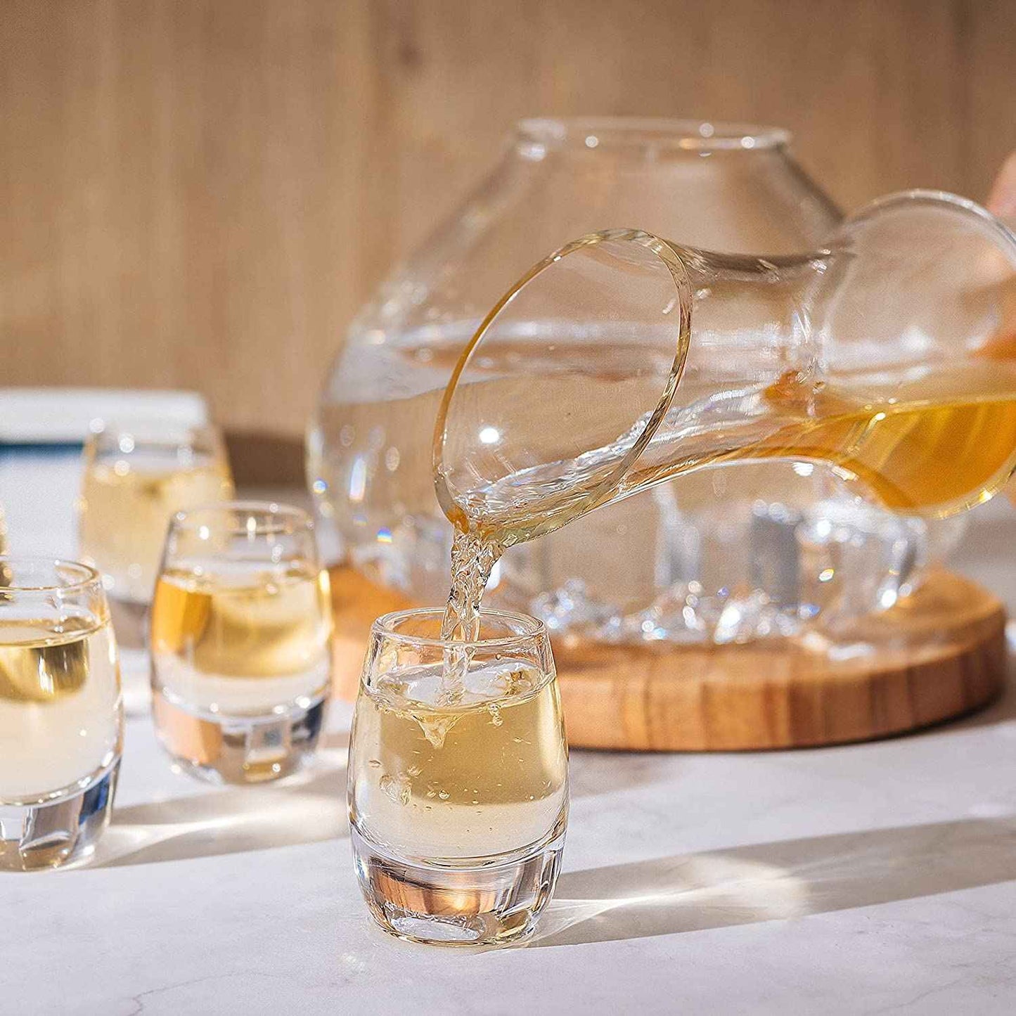 Sake Set Glasses Japanese, 15 Ounce, With 6-1oz Crystal Saki Cups Set, for Warmer or Cold Japanese Wine Drinking with a Wooden Stone Coaster by The Wine Savant, Cups & Carafe Japanese Gifts Set