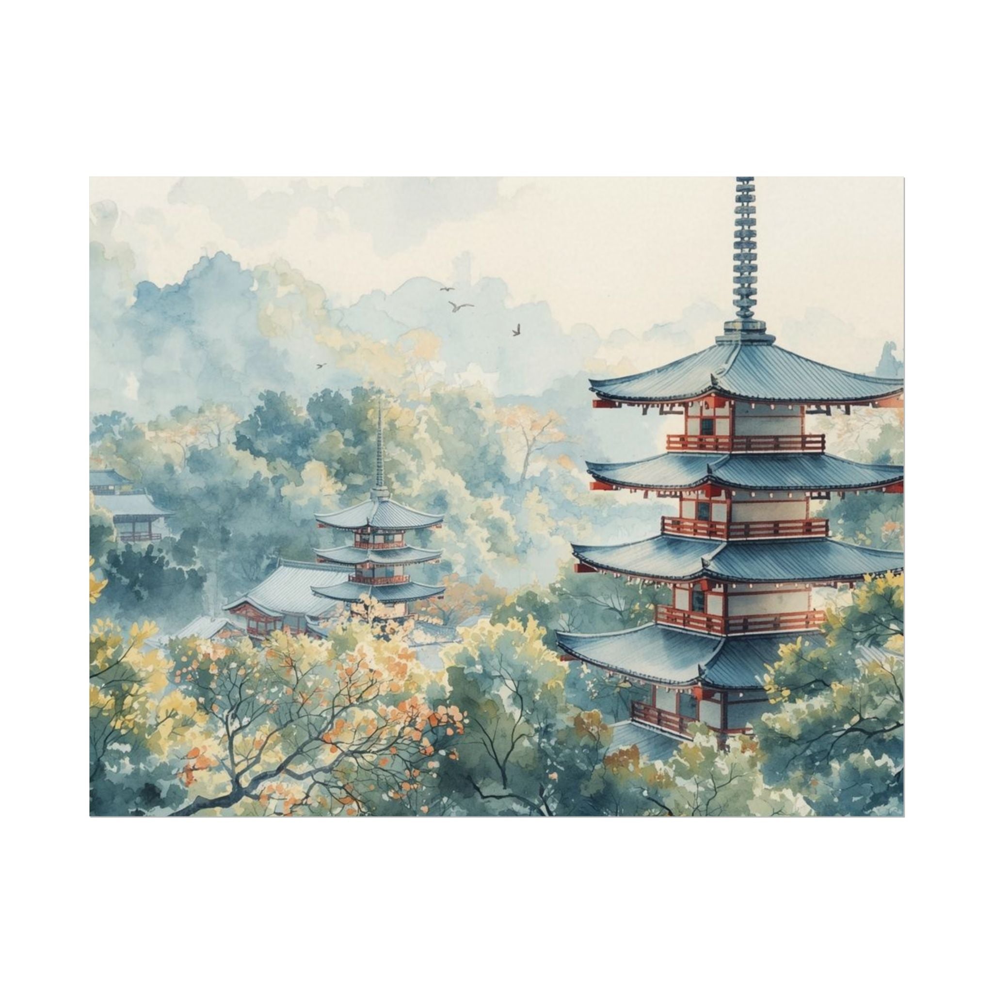 Serene Watercolor Poster Art Nature Wall Decor Pagoda - Rosetta Creative Boutique