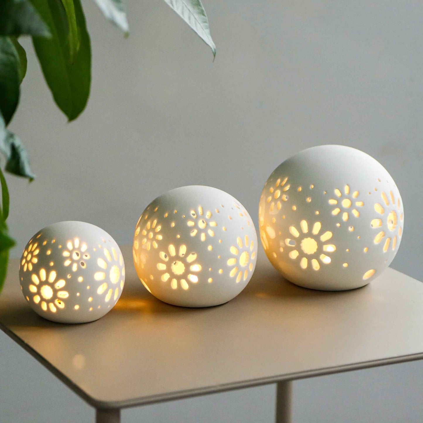 Set of 3 Ceramic Decorative Lamp Floral Carved Cordless Lamp