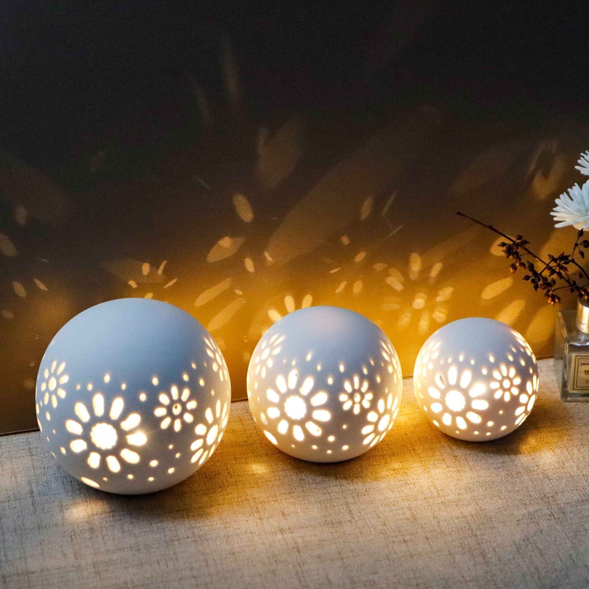 Set of 3 Ceramic Decorative Lamp Floral Carved Cordless Lamp