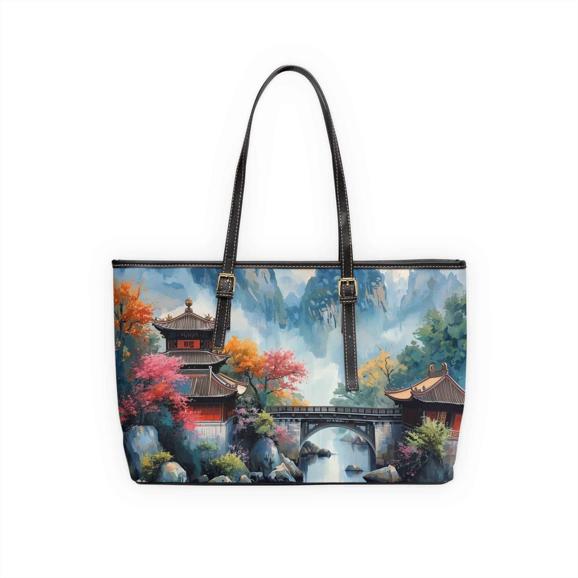 Scenic Asian Landscape PU Leather Shoulder Bag — Autumn Pagoda Bridge Tote