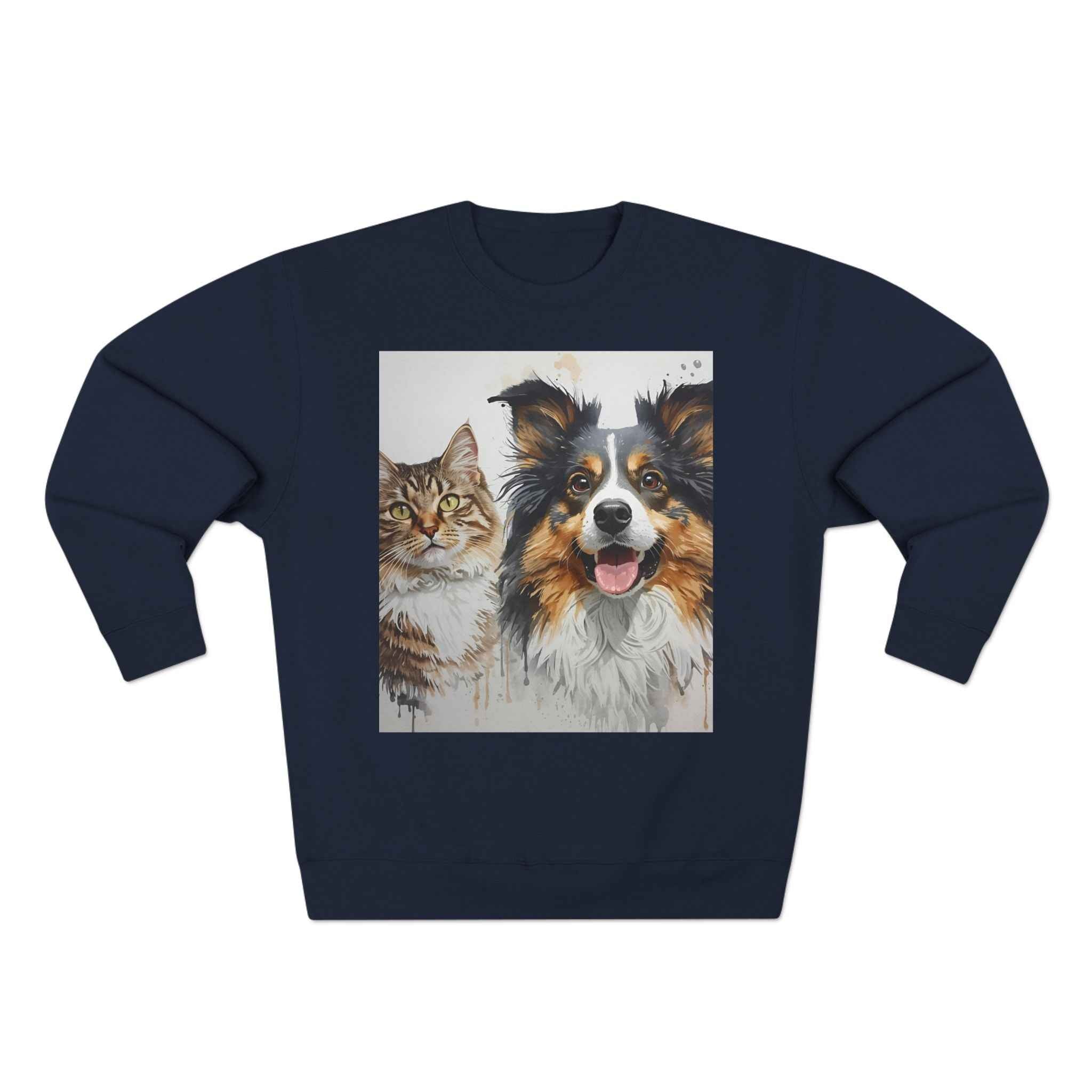 Pet Portrait Crewneck Sweatshirt With Dog And Cat Watercolor Print