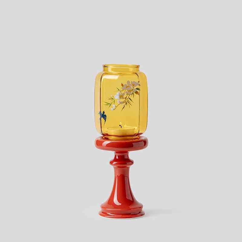 Classic Chinese Glass Candle Holder With Colored Shade And Ceramic Base
