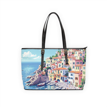 Vibrant Italian Coastal Art Tote Bag - Stylish PU Leather Shoulder Bag - Rosetta Creative Boutique