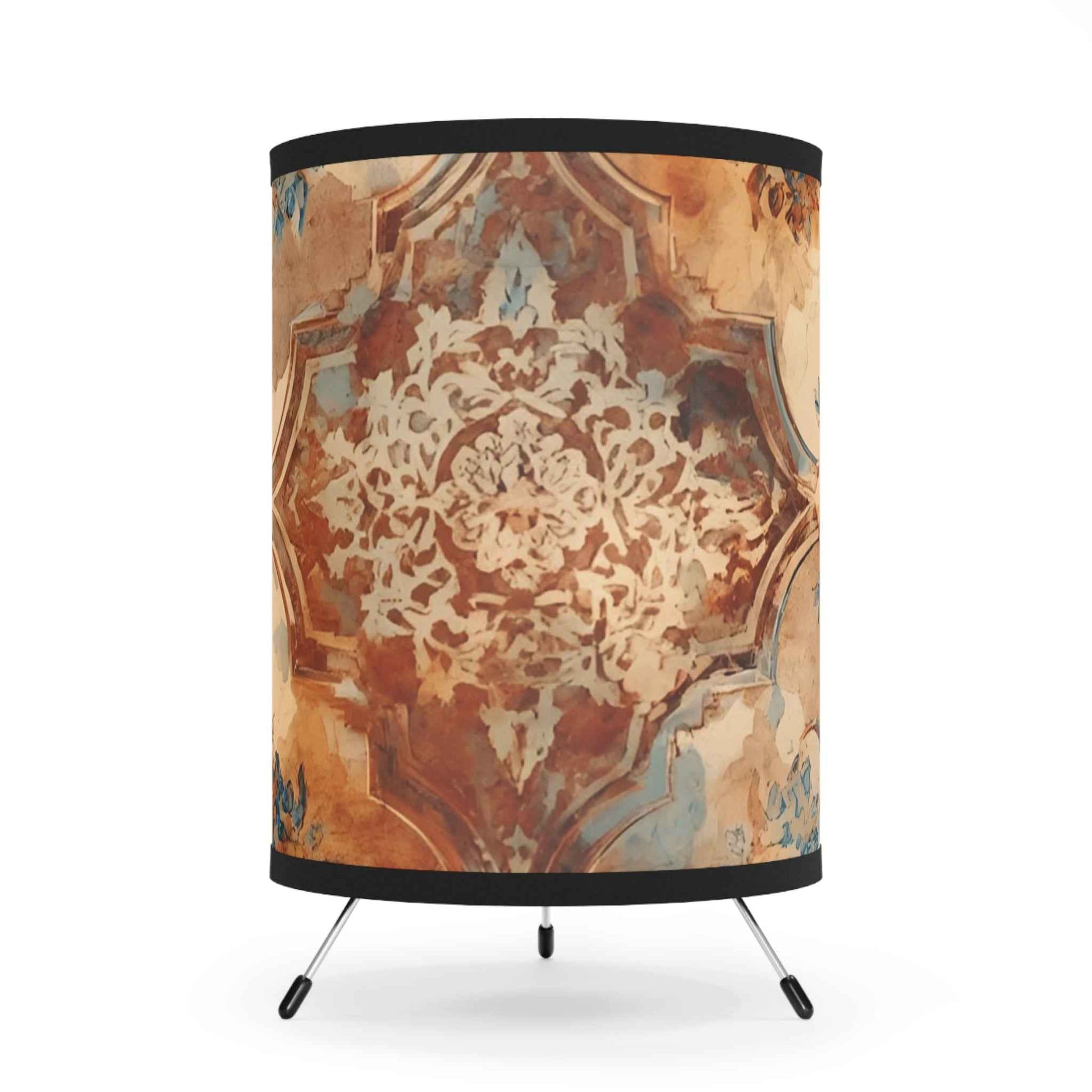 Vintage Turkish Tile Print Tripod Lamp — Ceramic Pattern Printed Shade (US/CA Plug)