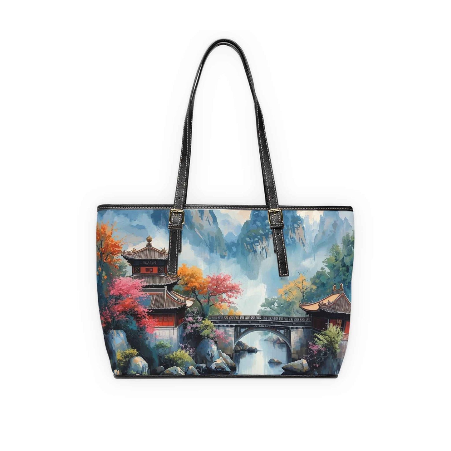 Scenic Asian Landscape PU Leather Shoulder Bag — Autumn Pagoda Bridge Tote