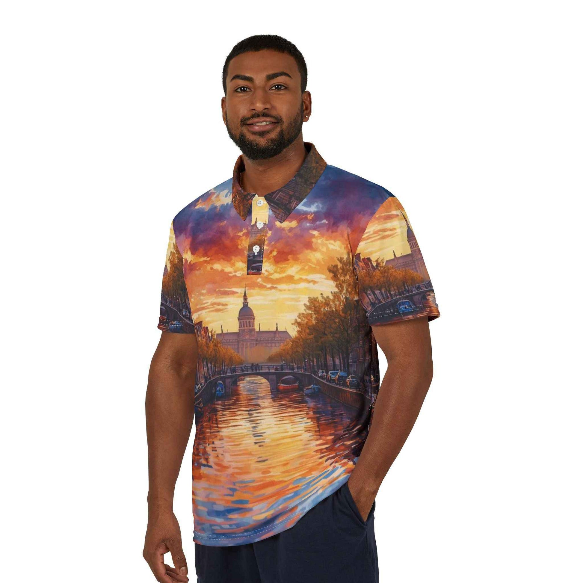Sunset Amsterdam Canal Polo Shirt With Impressionist Cityscape All Over Print