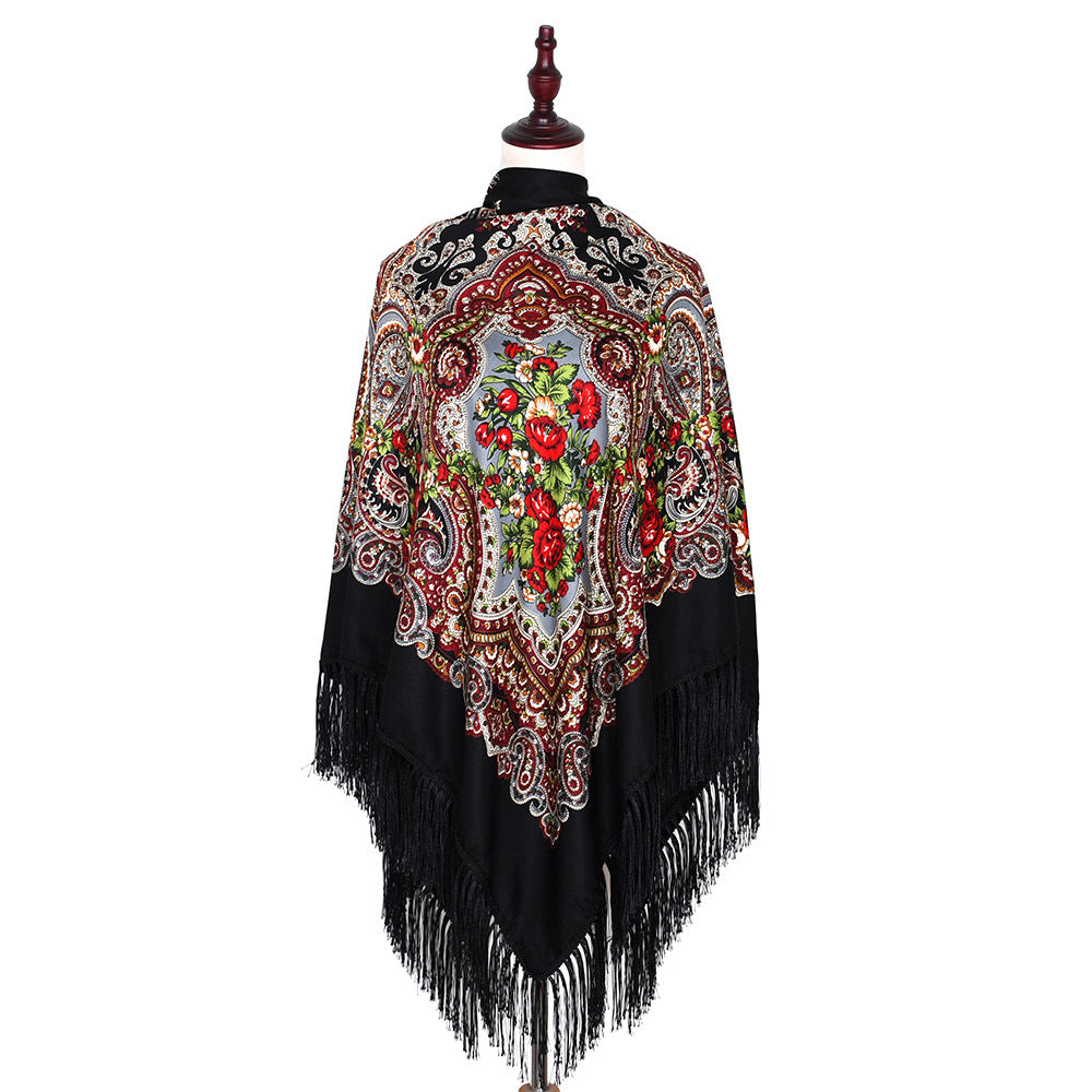 Vintage Twill Tassel Ethnic Print Cotton Blend Shawl 135x135cm