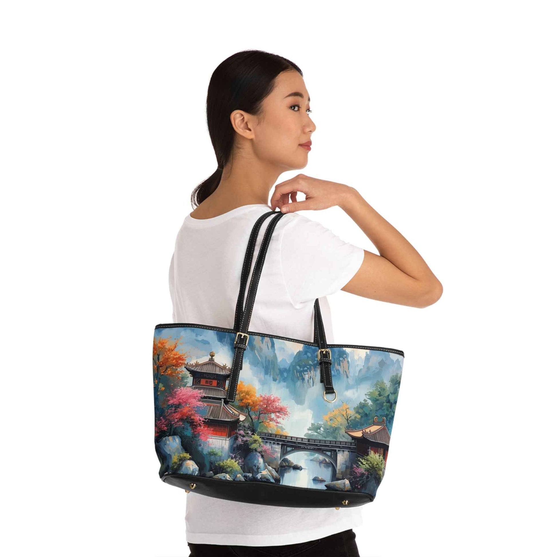 Scenic Asian Landscape PU Leather Shoulder Bag — Autumn Pagoda Bridge Tote