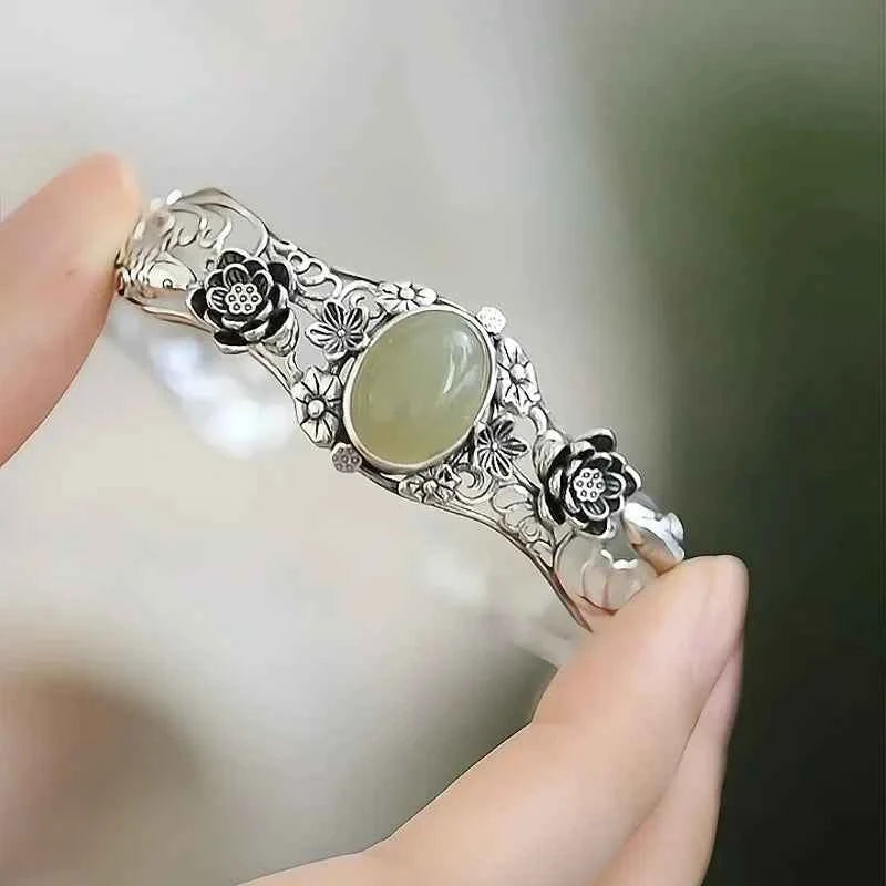 Hotan Green Jade Lotus & Koi Carved Bracelet