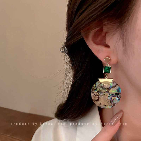 Silver Pin Emerald Shell Hoop Earrings with Diamonds