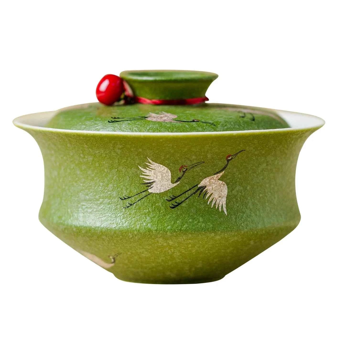 Crane Green Glaze Gaiwan — Handcrafted Porcelain Teacup with Red Bead Lid