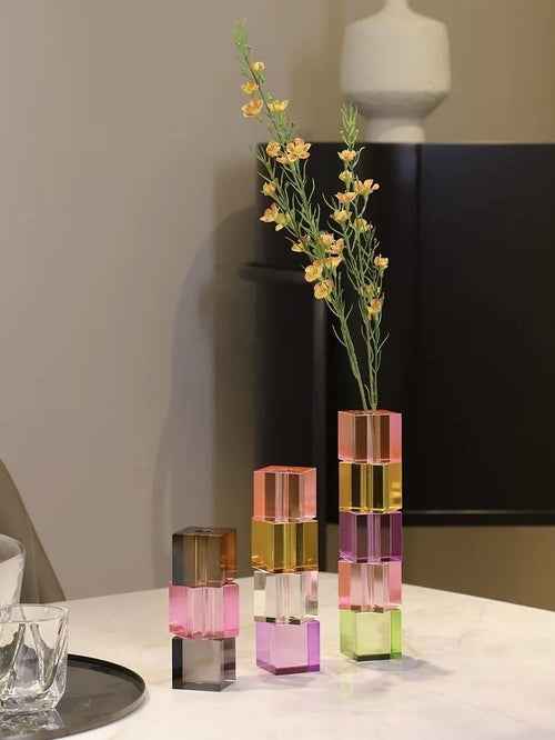 Modern Crystal Cube Bud Vase – Dopamine Rainbow Glass Table Centerpiece