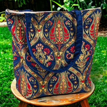 Authentic Kilim Ottoman Purse With Handles Blue Gold Red - Rosetta Creative Boutique