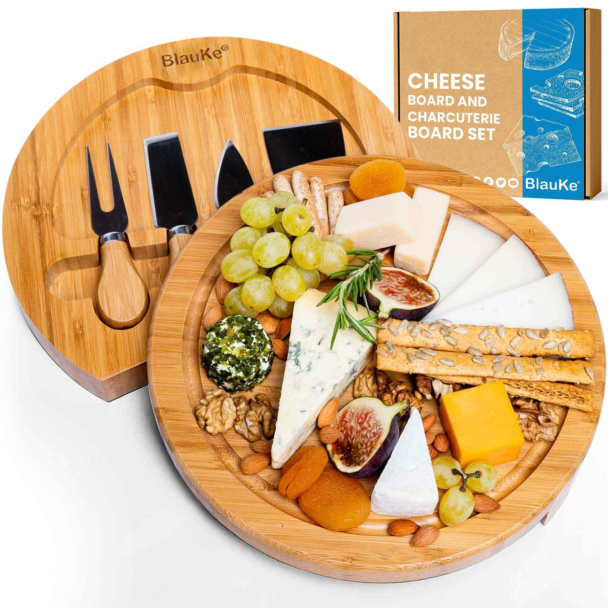 BlauKe Bamboo Cheese Board and Knife Set 10 Inch Swivel Charcuterie Drawer