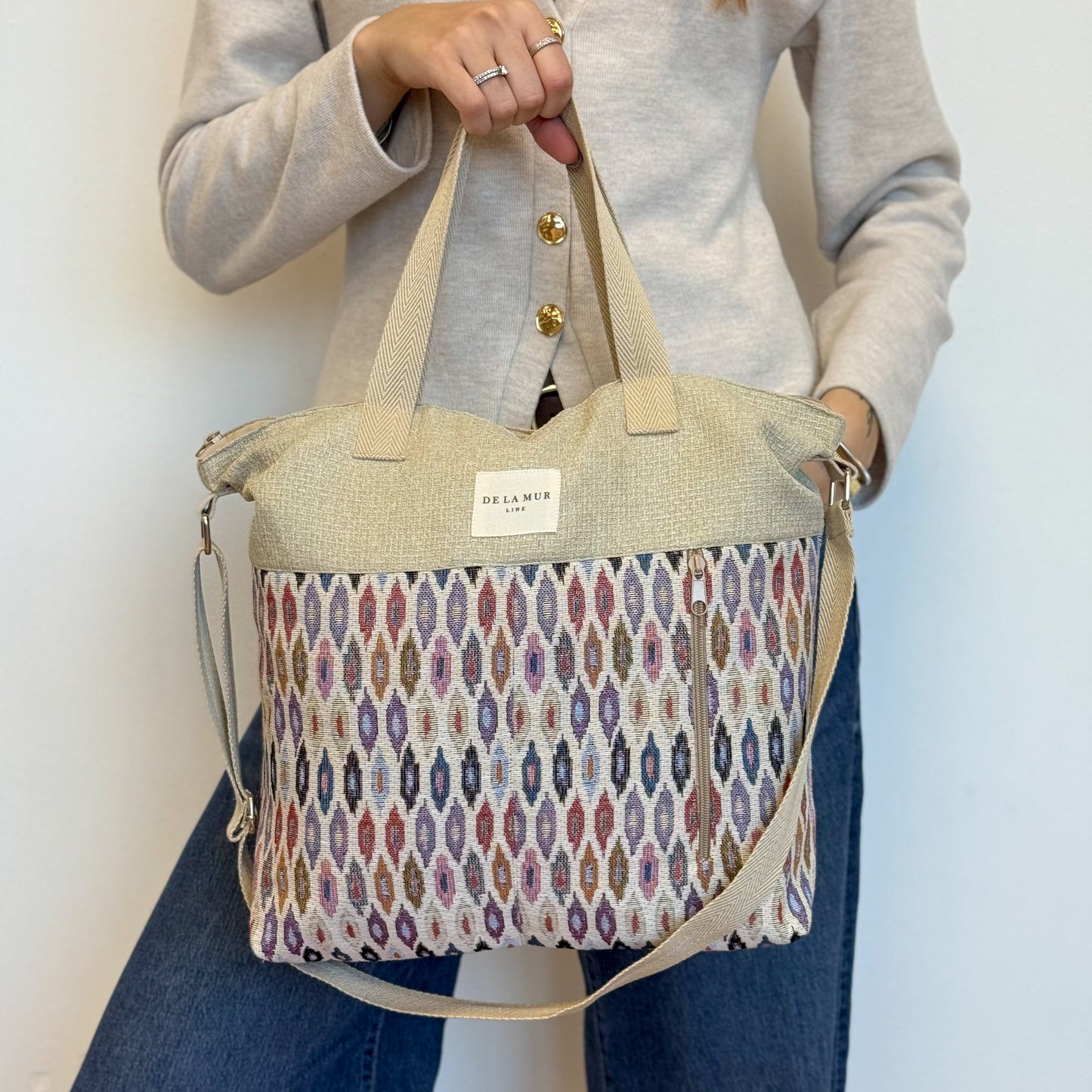Geometric Jacquard Large Handbag – Multicolor & Beige (Urban)