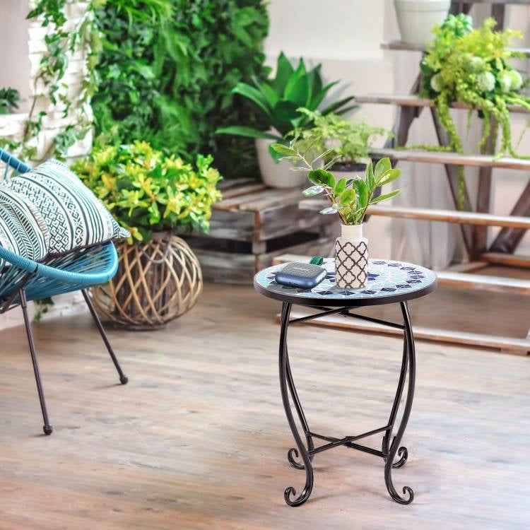 Indoor Outdoor Blue Mosaic Round Side Accent Table Plant Stand