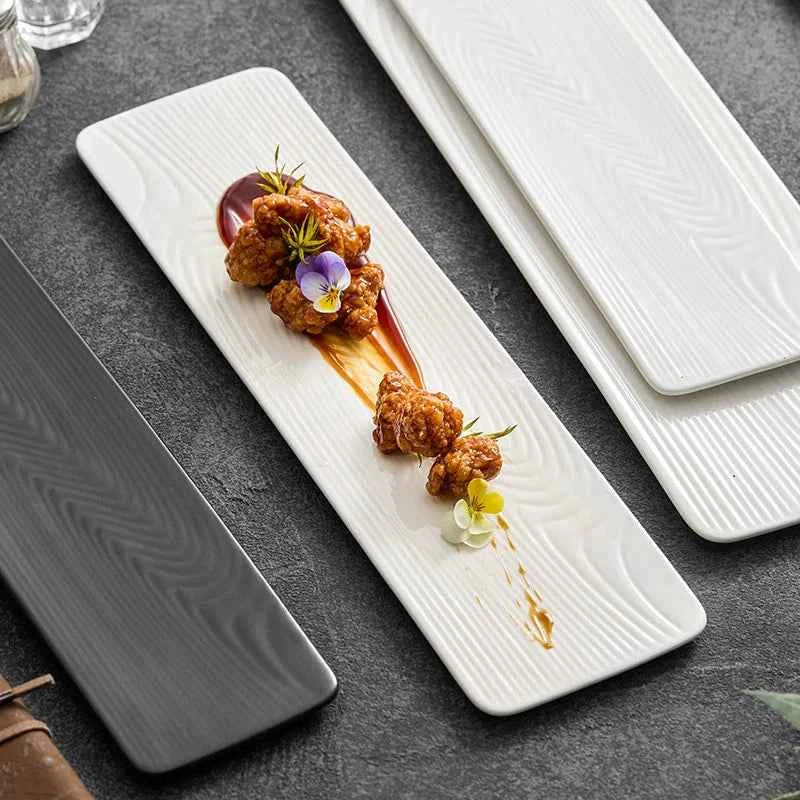 Ceramic Rectangular Sushi & Dessert Plate – Water-Pattern Tray in Black or White, 3 Sizes