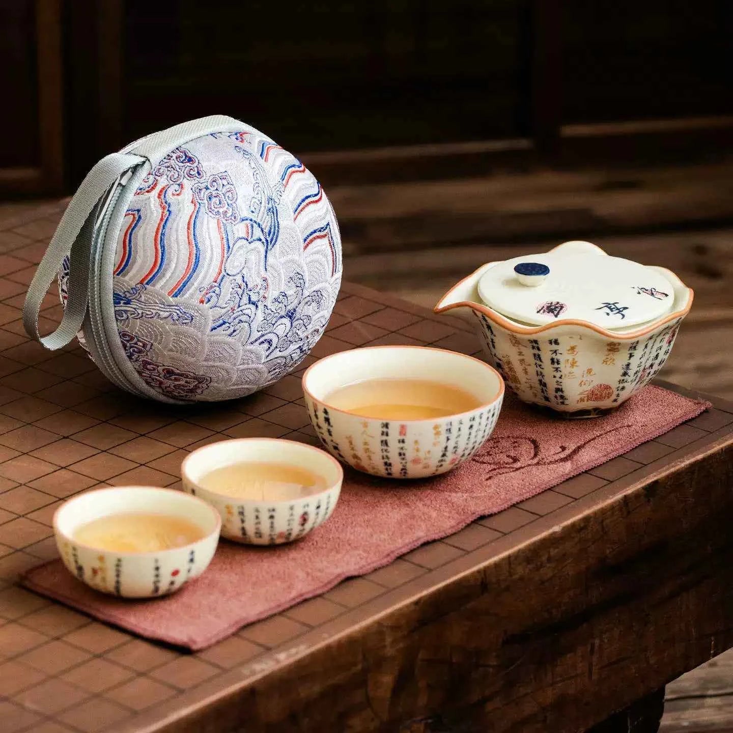 Portable Travel Tea Set – Yanmian White Porcelain with Calligraphy & Lotus Design