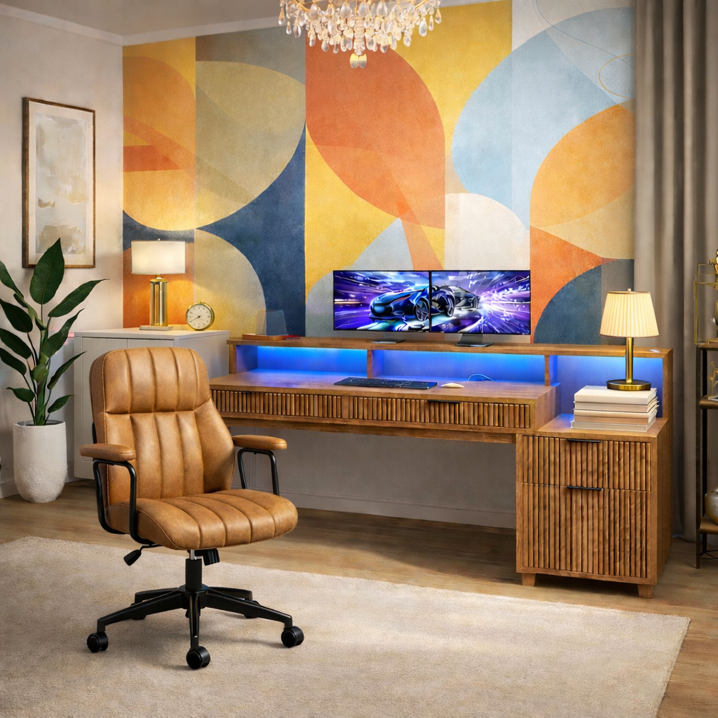 Modern Office Desk with Storage and Brown Leather Office Chair Set-0