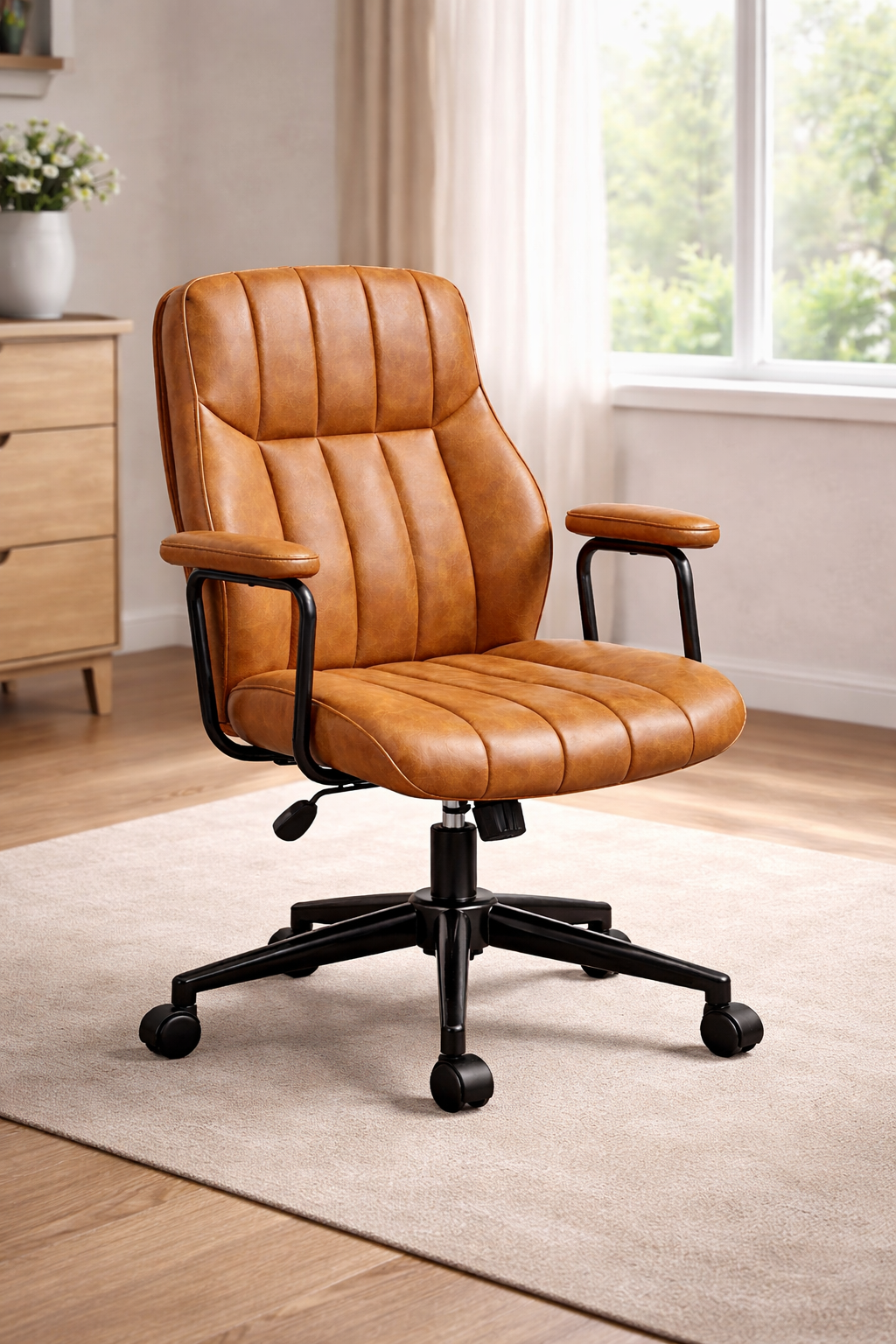 Modern Office Desk with Storage and Brown Leather Office Chair Set-4