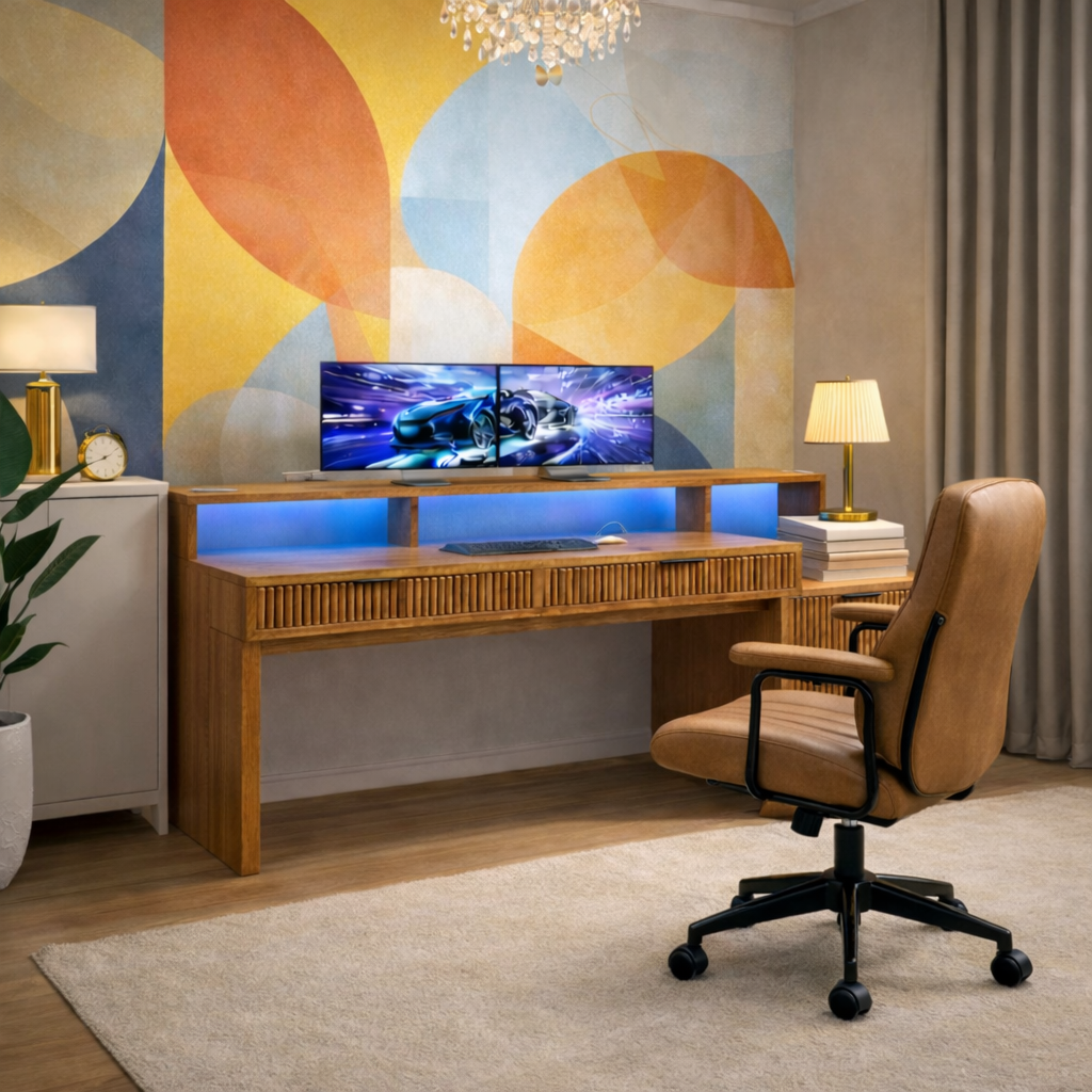 Modern Office Desk with Storage and Brown Leather Office Chair Set-2