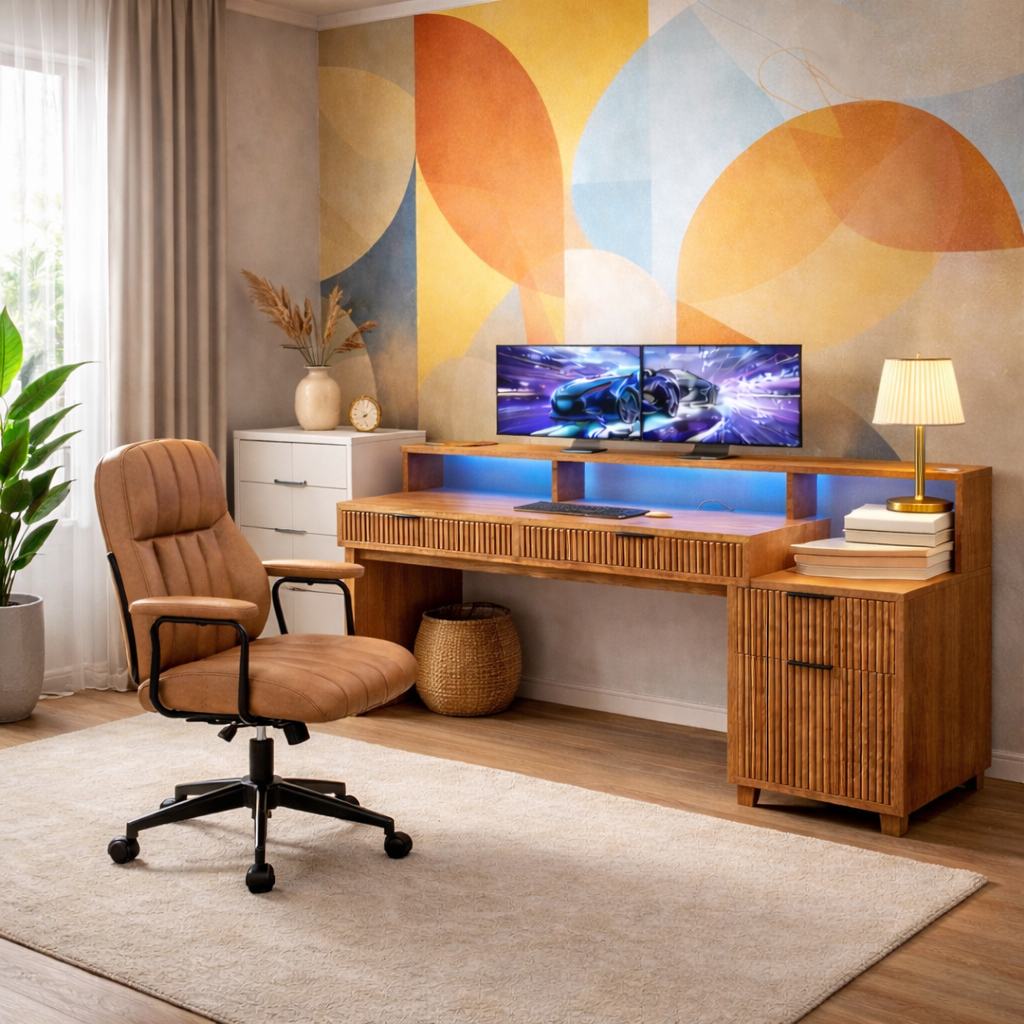 Modern Office Desk with Storage and Brown Leather Office Chair Set-1