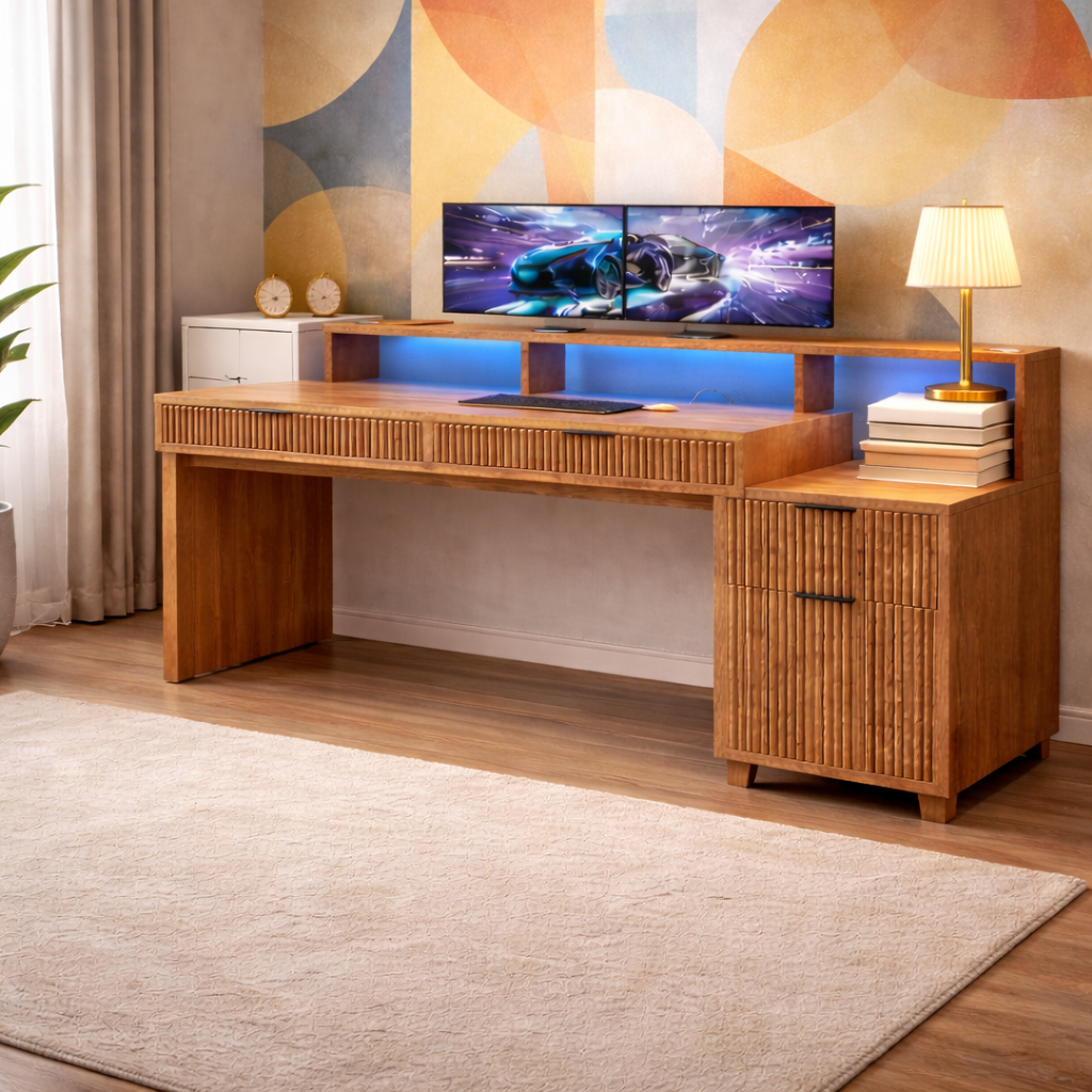 Modern Office Desk with Storage and Brown Leather Office Chair Set-3