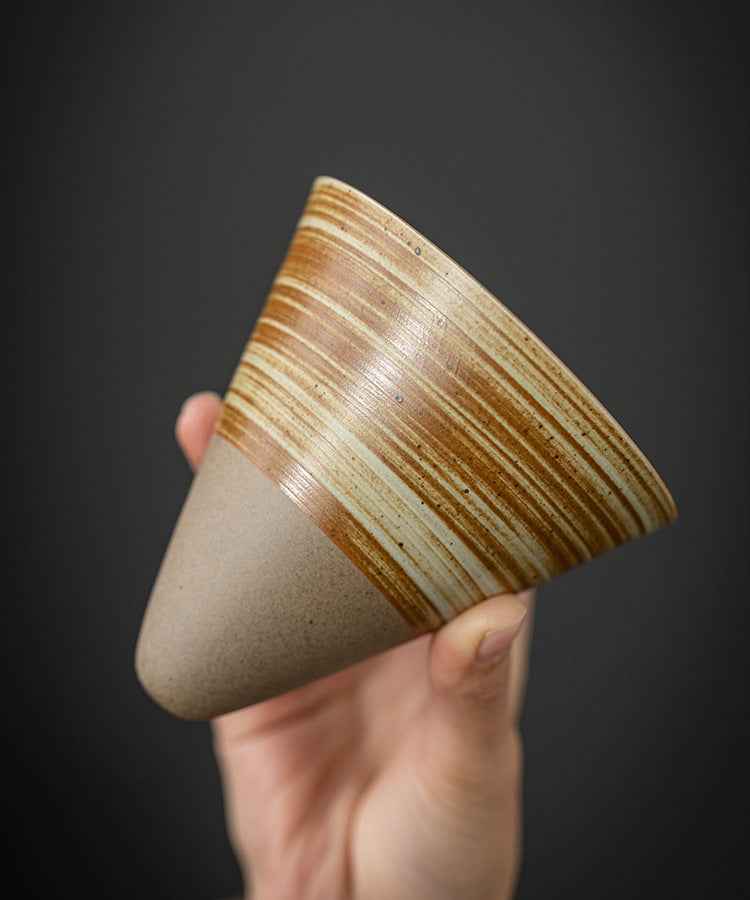 Handmade Cone Ceramic Mug with Wooden Saucer – Retro Stoneware Cup for Coffee & Tea