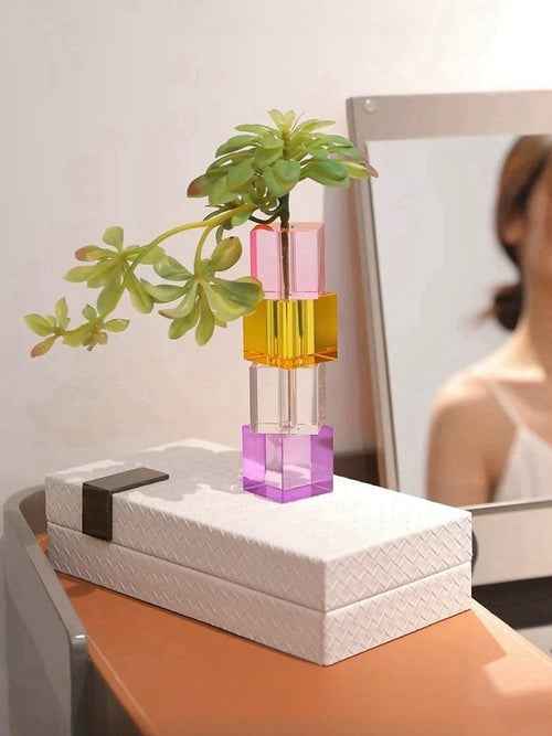 Modern Crystal Cube Bud Vase – Dopamine Rainbow Glass Table Centerpiece