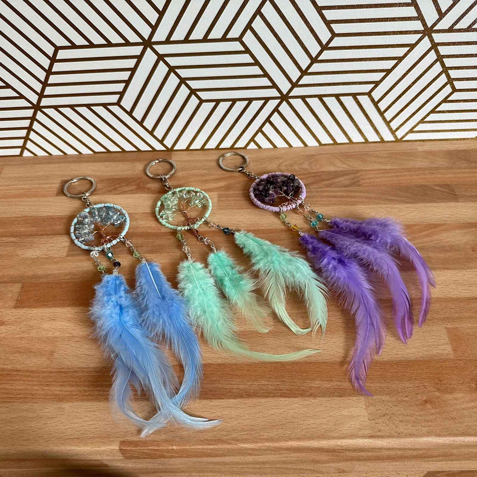 Cute Tree of Life Keychain with Natural Stones — Light Blue, Light Green, Purple