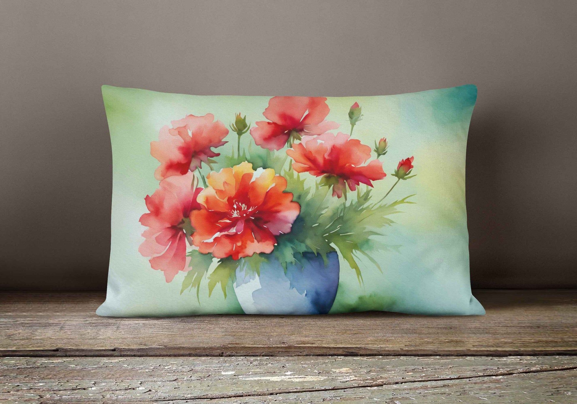 Ohio Scarlet Carnations Watercolor Outdoor Throw Pillow 12x16