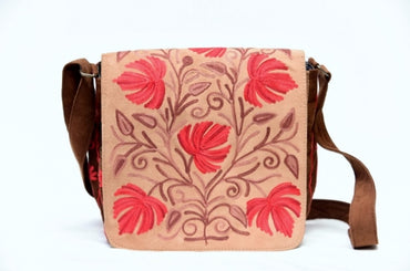 Handmade Beige and Red Suede Embroidered Messenger Bag - Rosetta Creative Boutique