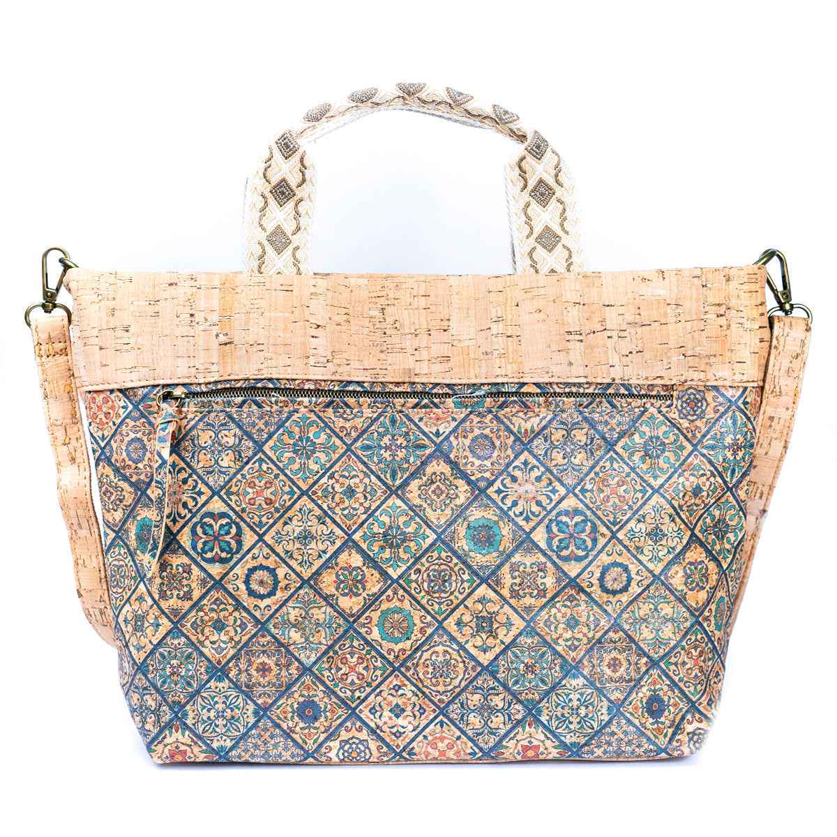 Natural Cork Tote with Printed Design and Cotton Woven Handles BAGF-087