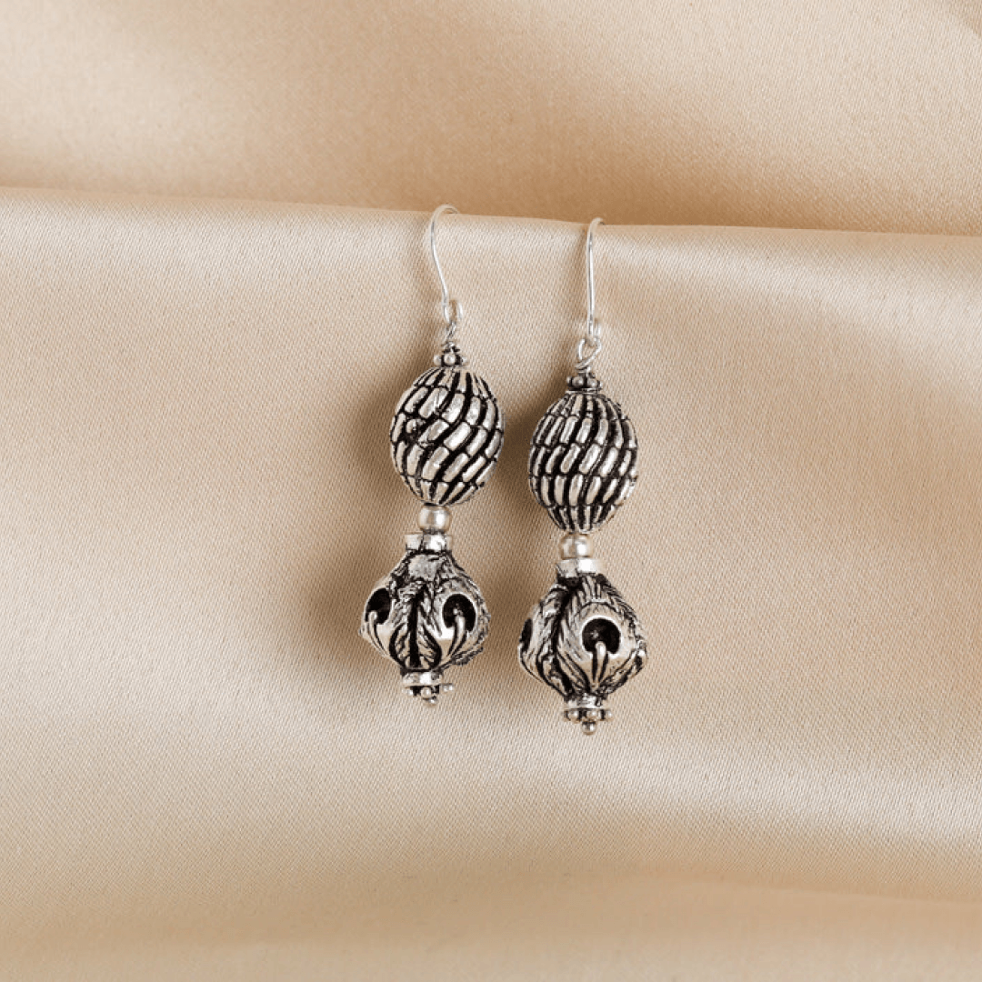 Double Carved Ball Earrings In Sterling Silver With Hooks