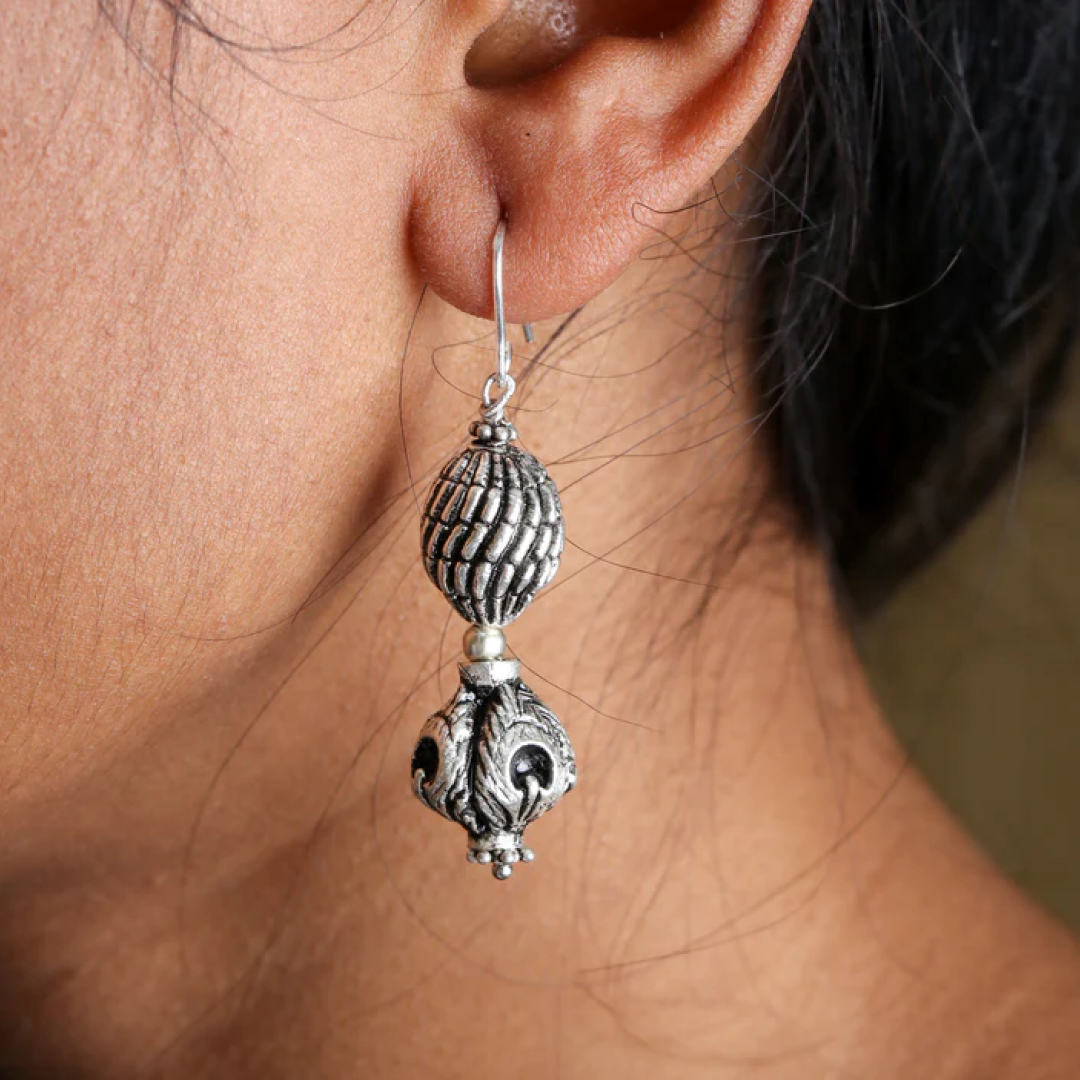 Double Carved Ball Earrings In Sterling Silver With Hooks