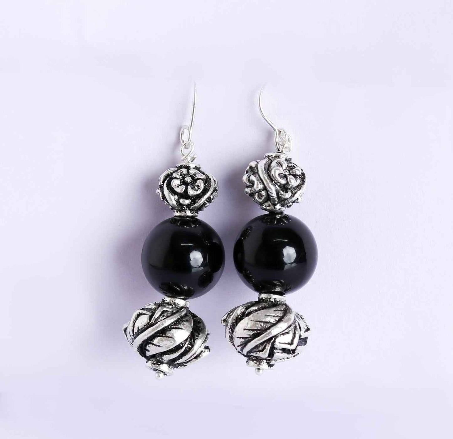 Sterling Silver Carved Beads Onyx Earrings Handmade Indo Western Everyday Wear